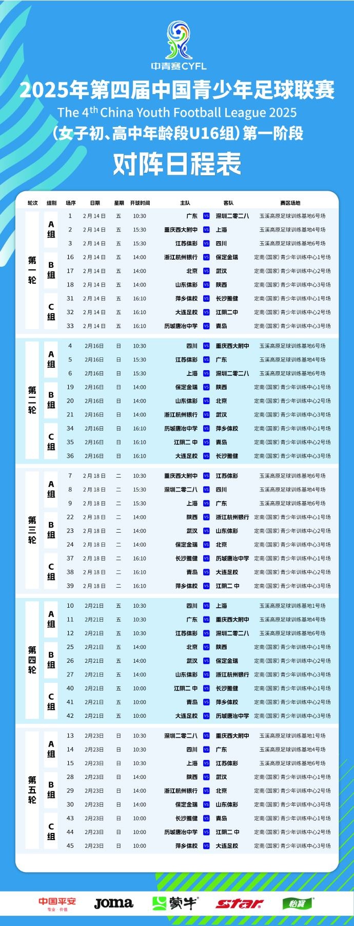  中國青少年足球聯賽（女子初高中年齡段U16組）第一階段競賽日程