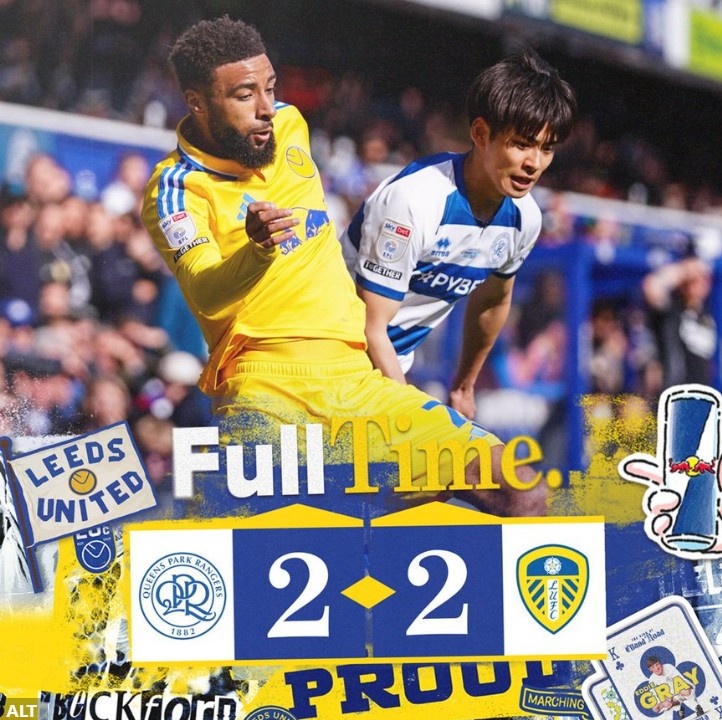  英冠榜首利茲聯連追兩球2-2戰平QPR，近4輪僅1勝領先優勢縮小