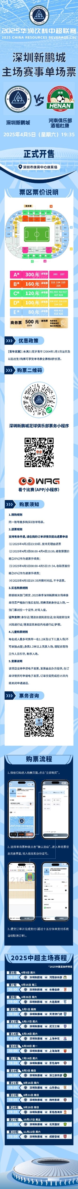  4月5日深圳新鵬城vs河南隊單場票于今晚20:00準時開售
